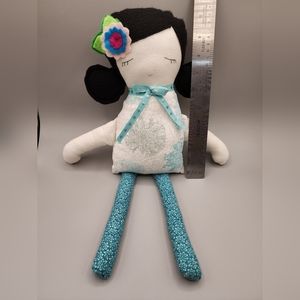 Felt Hair Linen Folk Art Rag Doll‎ Black Hair Flower Closed Eye Smile